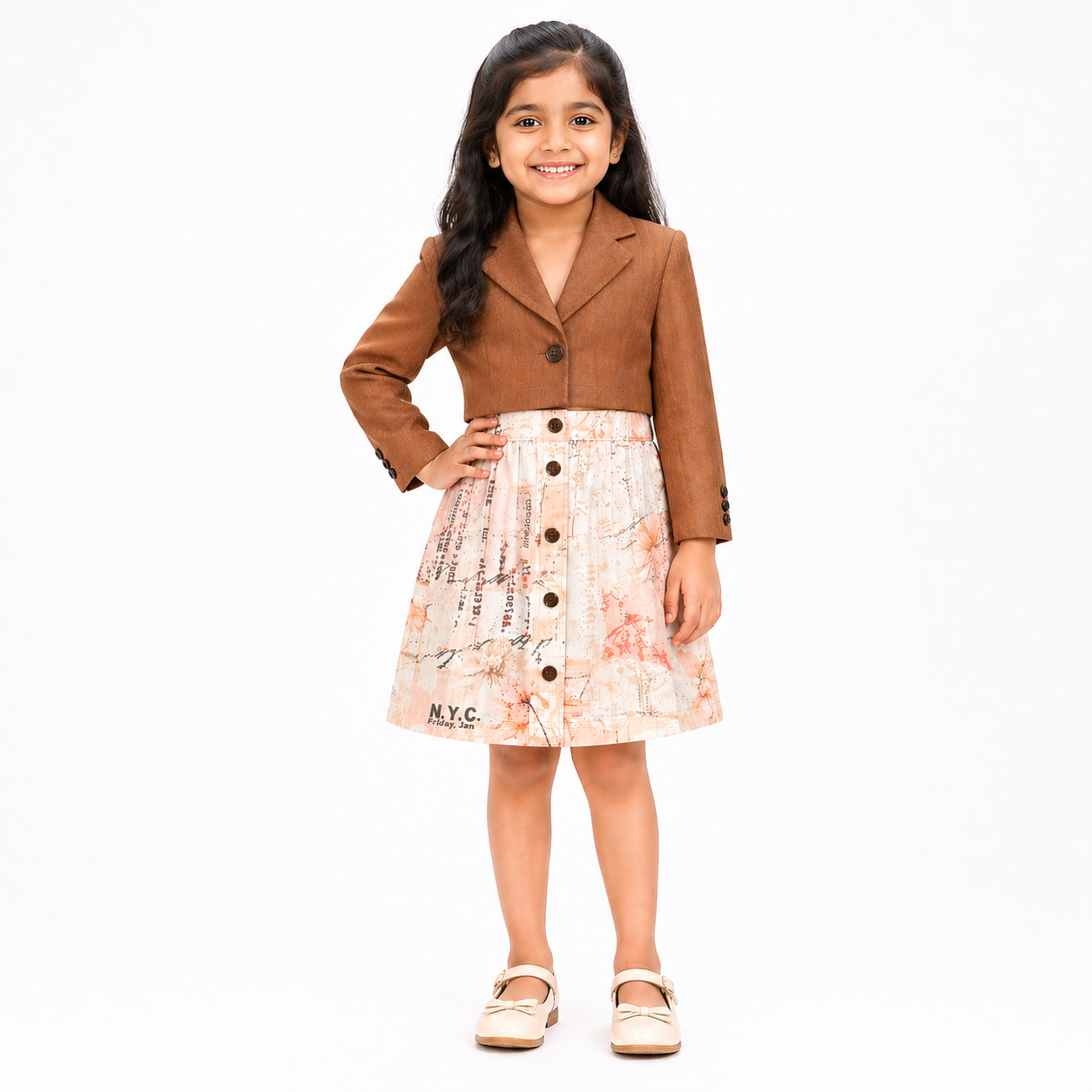 Girls Cropped Blazer & Striped Skirt Co-ord Set